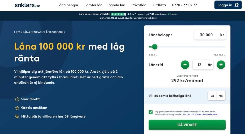 Låna 100 000 kr med låg ränta